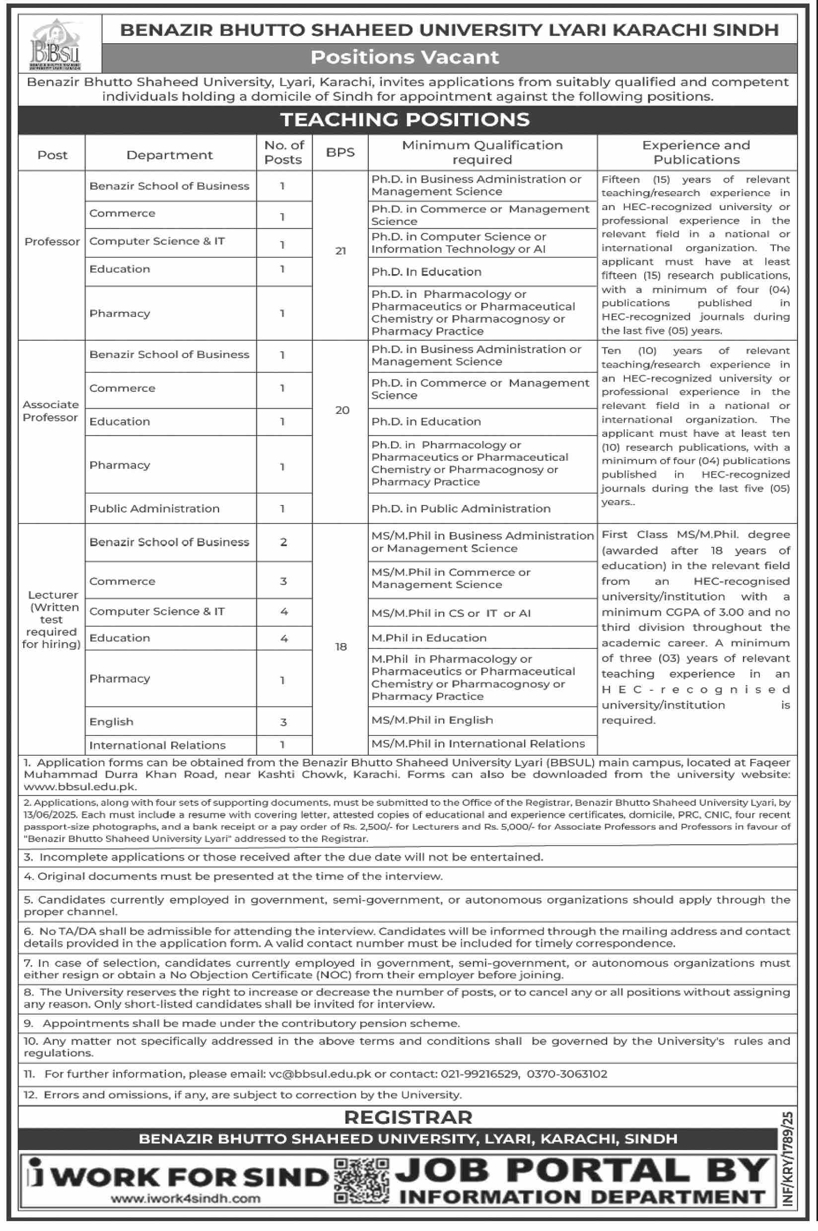 BENAZIR BHUTTO SHAHEED UNIVERSITY Teaching JOBS LYARI KARACHI SINDH