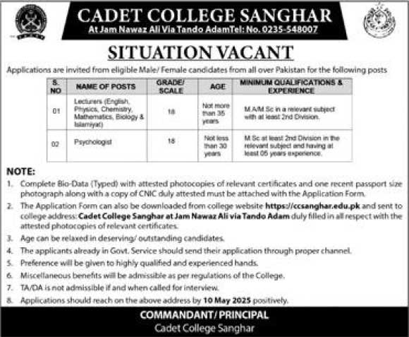 Cadet-College-Sanghar-Jobs-2025