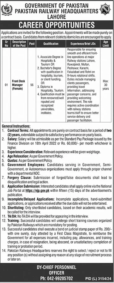 GOVERNMENT OF PAKISTAN PAKISTAN RAILWAY HEADQUARTERS LAHORE