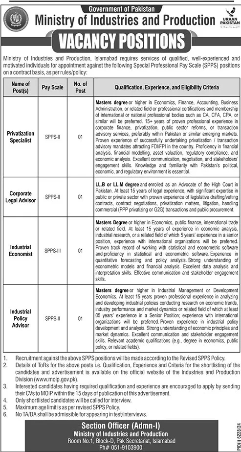 Government of Pakistan Ministry of Industries and Production SPPS Positions 2025