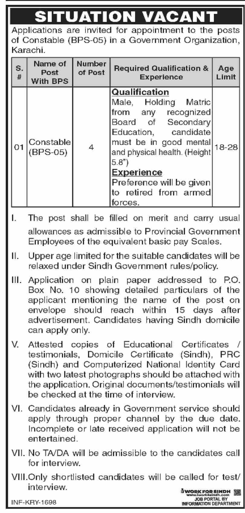 Job Vacancy Announcement Constable (BPS-05) Government Organization, Karachi