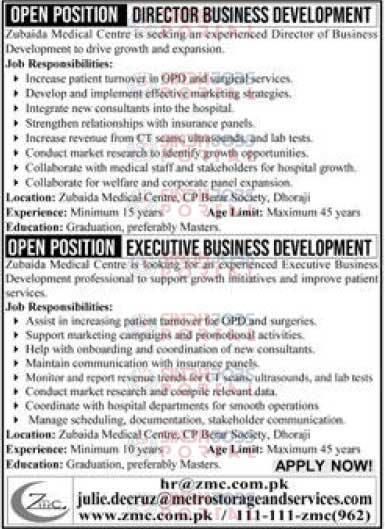 OPEN POSITION DIRECTOR BUSINESS DEVELOPMENT Jobs at Zubaida Medical Centre