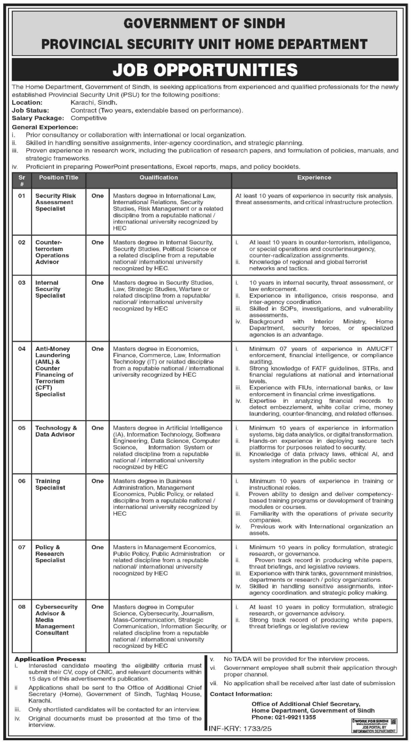 PROVINCIAL SECURITY UNIT HOME DEPARTMENT GOVERNMENT OF SINDH