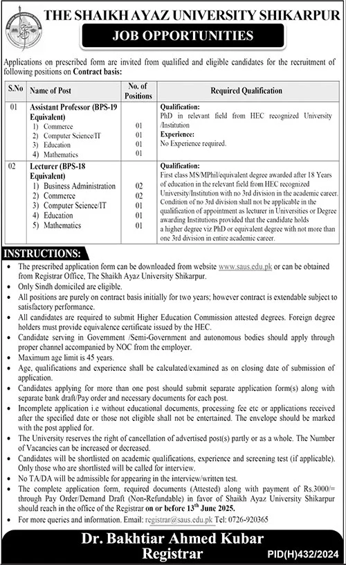 THE SHAIKH AYAZ UNIVERSITY SHIKARPUR Jobs Apply 2025