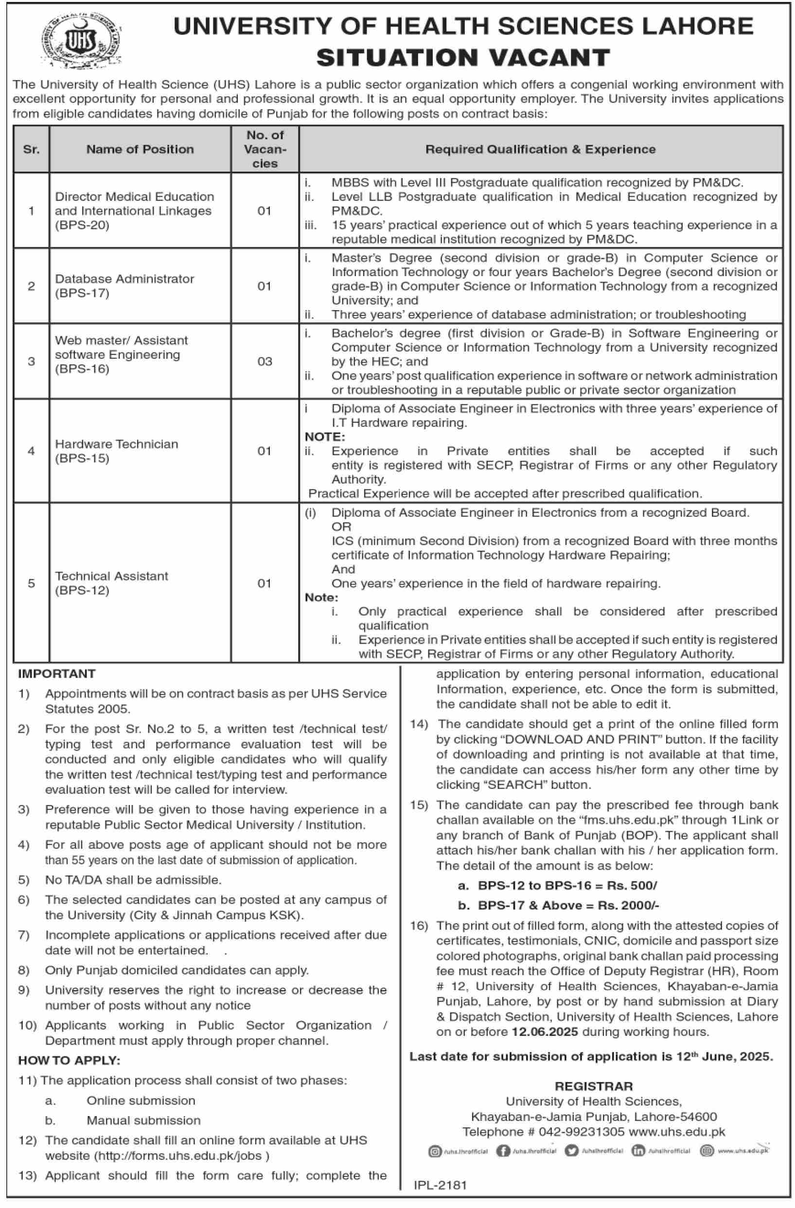 University of Health Sciences Lahore Contract Based Vacancies Apply 2025