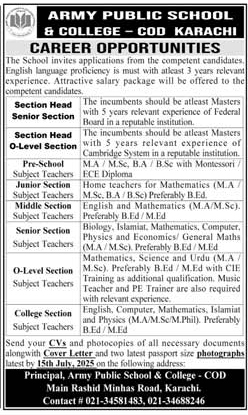 ARMY PUBLIC SCHOOL & COLLEGE – COD KARACHI CAREER OPPORTUNITIES