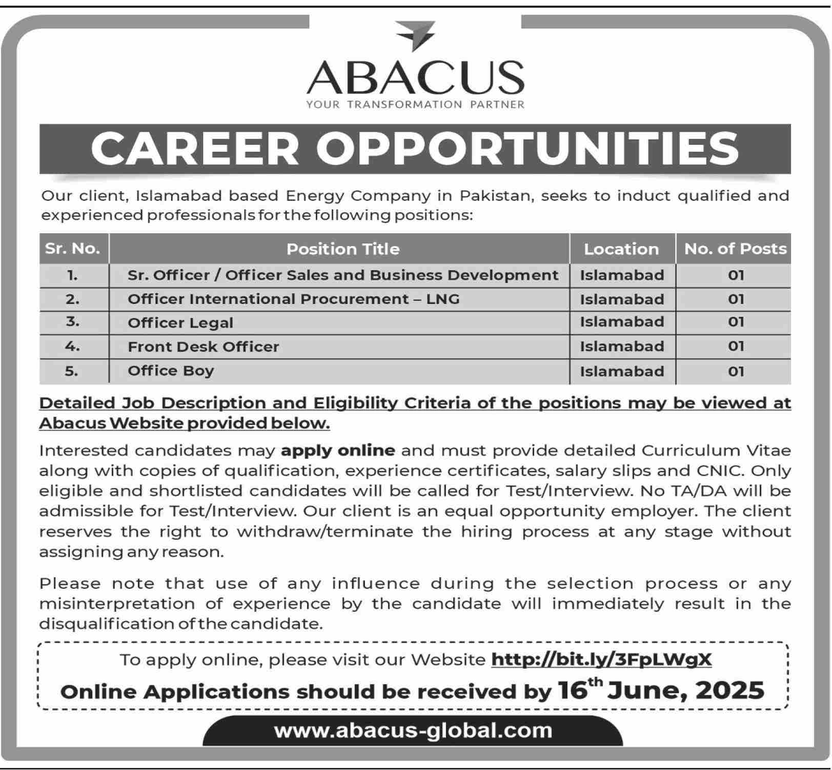Abacus Hiring Announcement Multiple Positions Available in Islamabad