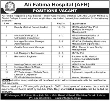 Career Opportunities at Ali Fatima Hospital (AFH) Lahore Apply by 3rd July 2025
