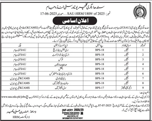 Career Opportunities at Sindh Agriculture University Tandojam