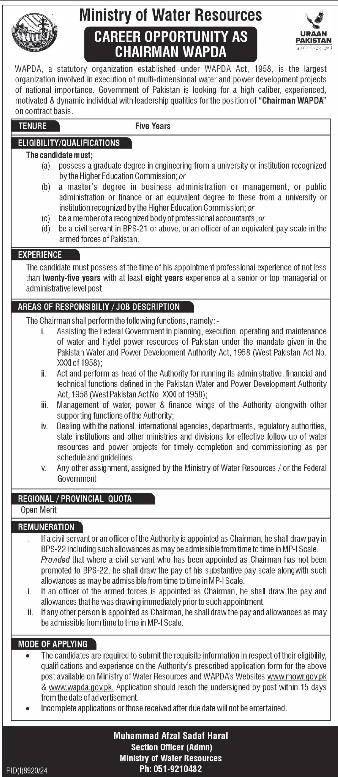 Career Opportunity Chairman WAPDA (Ministry of Water Resources)