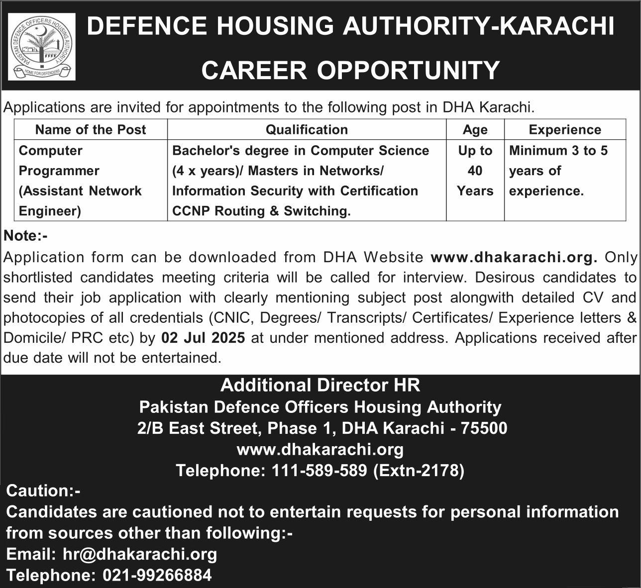 DHA Karachi Latest Job Apply Now for Computer Programmer Assistant Network Engineer July 2, 2025