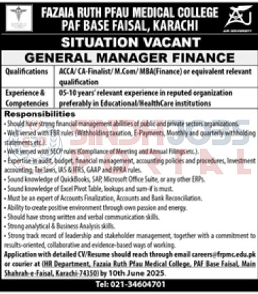 Fazaia Ruth Pfau Medical College Jobs General Manager Finance