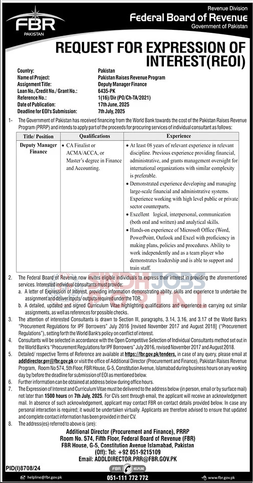 Federal Board of Revenue Request for Expression of Interest Job in Islamabad