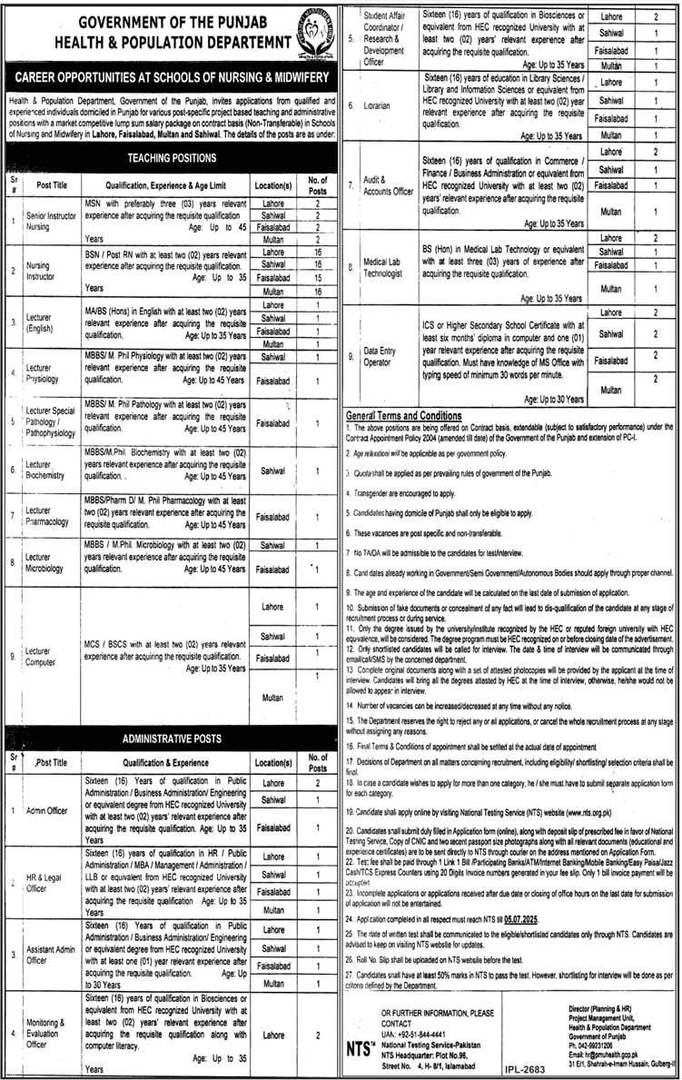 GOVERNMENT OF PUNJAB TEACHING Jobs AT SCHOOLS OF NURSING & MIDWIFERY