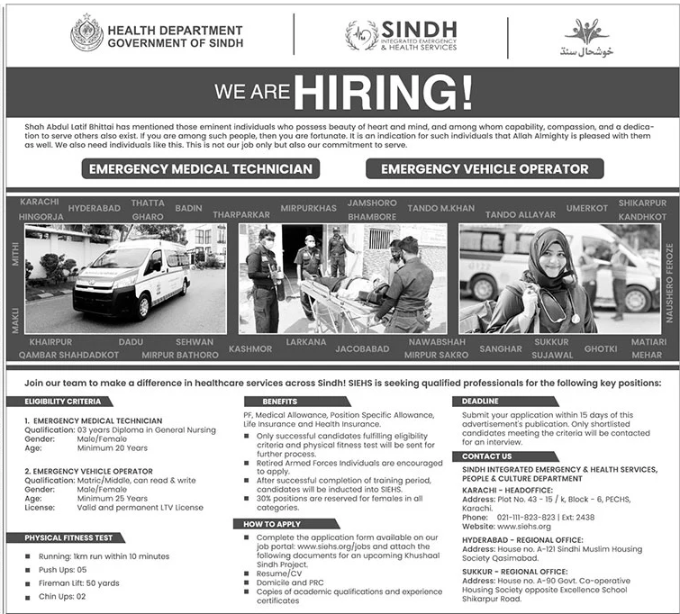 GOVERNMENT OF SINDH INTEGRATED EMERGENCY & HEALTH SERVICES JOBS 2025