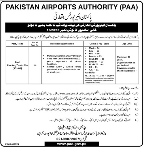 Government Jobs Pakistan Airports Authority 50 Vacancies for Bird ShooterController