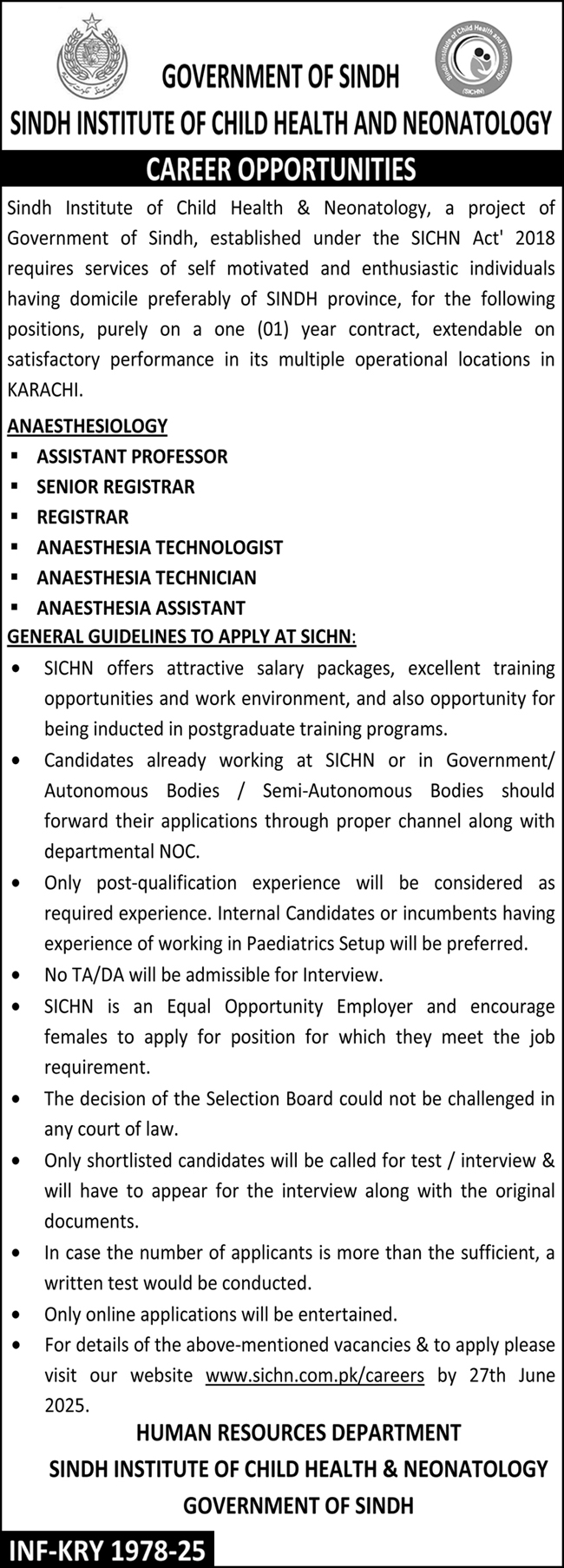 Government of Sindh Hiring at Sindh Institute of Child Health & Neonatology