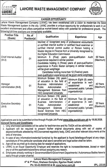 Job Opportunities at Lahore Waste Management Company