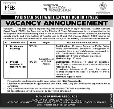 Job Opportunities at Pakistan Software Export Board