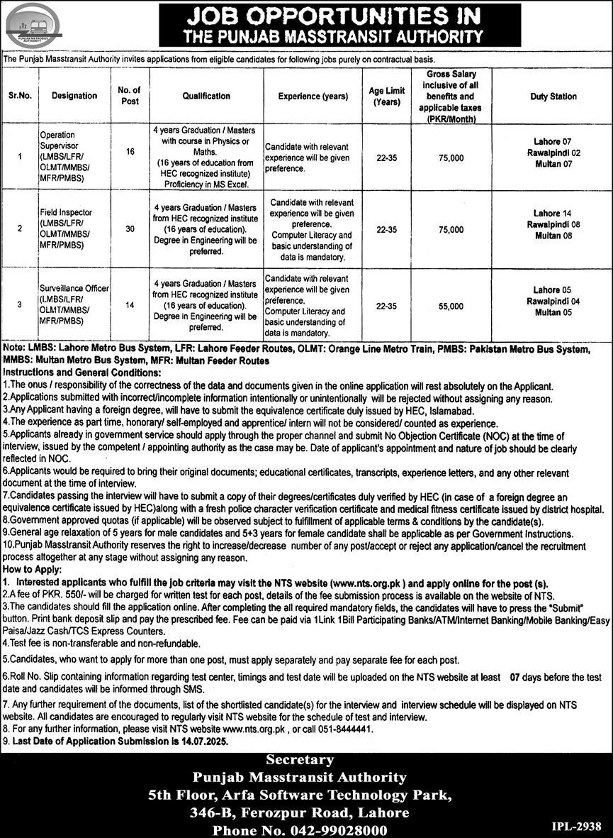 Job Opportunities at Punjab Masstransit Authority Apply by 14 July 2025