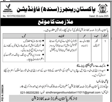 Job Opportunity Pakistan Rangers (Sindh) Foundation 2025