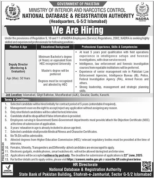 Job Opportunity at NADRA Deputy Director Monitoring & Evaluation
