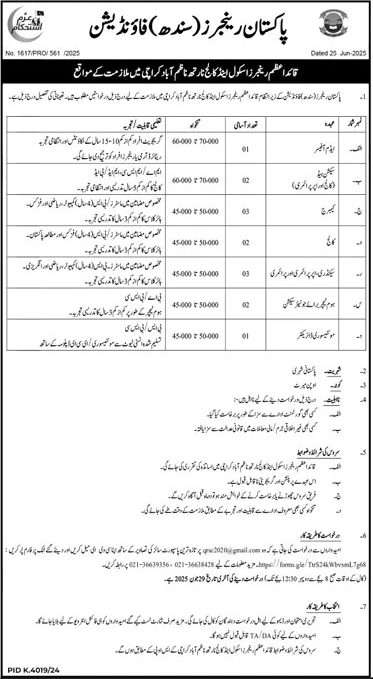 Jobs at Quaid-e-Azam Rangers School & College North Nazimabad Karachi