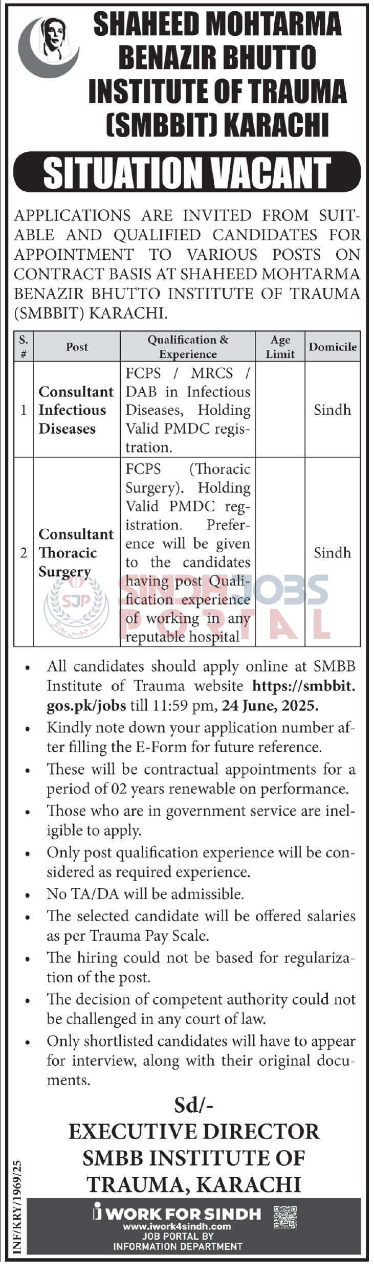 Jobs at Shaheed Mohtarma Benazir Bhutto Institute of Trauma (SMBBIT) Karachi