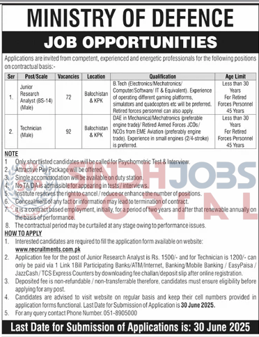 MINISTRY OF DEFENCE JOBS FOR JUNIOR RESEARCH ANALYST AND TECHNICIAN