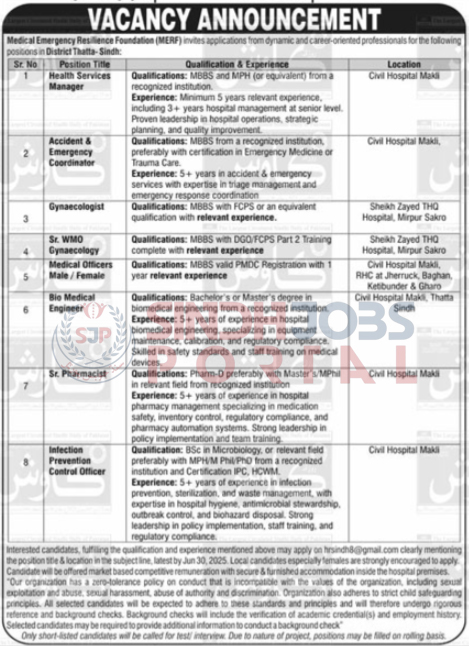 Medical Emergency Resilience Foundation Job Vacancies in District Thatta, Sindh