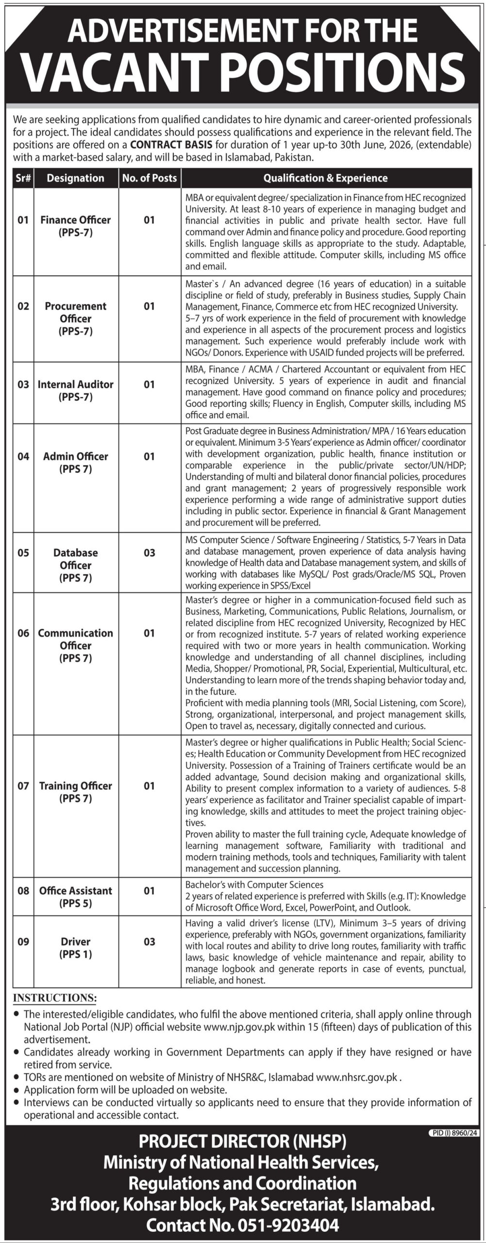 Ministry of National Health Services Jobs in Islamabad