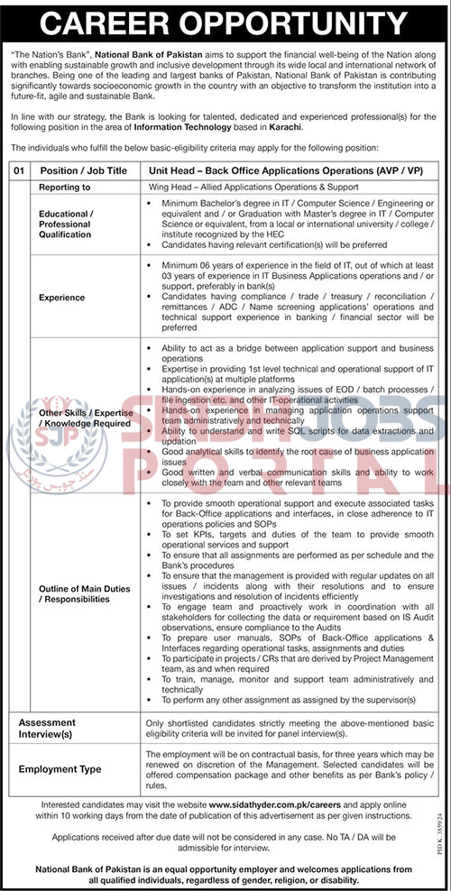 National Bank of Pakistan Career Opportunity In Karachi 2025