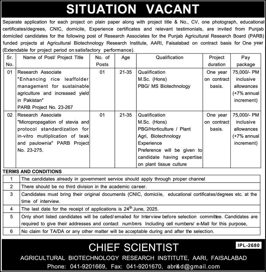 Research Associate Positions at Agricultural Biotechnology in Faisalabad