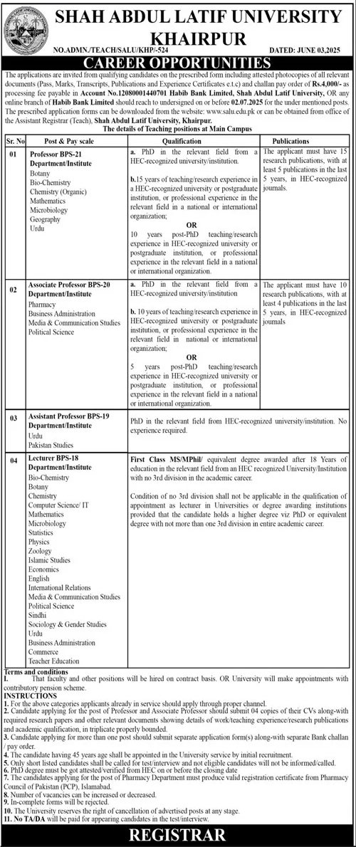 Shah Abdul Latif University Khairpur Jobs 2025