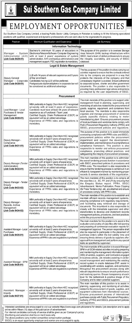 Sui Southern Gas Company Limited Jobs Apply 2025