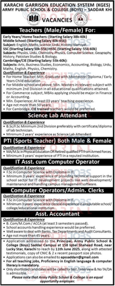 Teachers Jobs at Army Public School & College (Boys) Saddar Karachi