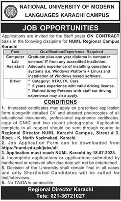 NATIONAL UNIVERSITY OF MODERN LANGUAGES KARACHI CAMPUS JOB OPPORTUNITIES