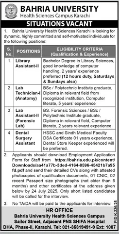 Bahria University Karachi Jobs 2025 Library, Lab & Dental Assistant Vacancies