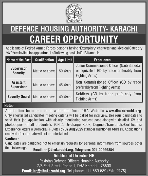 DHA Karachi Jobs 2025 for Retired Armed Forces – Security Staff Vacancies