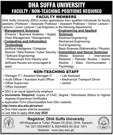 DHA Suffa University Faculty and Non-Teaching Job Opportunities July 2025