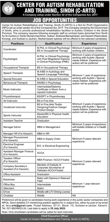 Job Opportunities at Center for Autism Rehabilitation and Training, Sindh (C-ARTS)