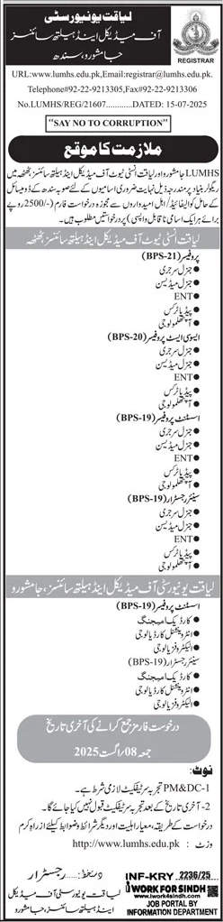 LUMHS Jamshoro Jobs 2025 – Faculty & Medical Positions