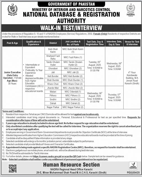 NADRA Female Data Entry Jobs 2025 Karachi & Sindh Locations
