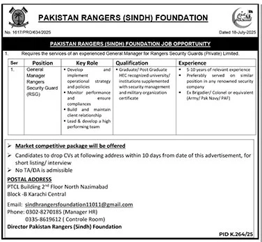 Pakistan Rangers Foundation Jobs 2025 Apply for GM Post