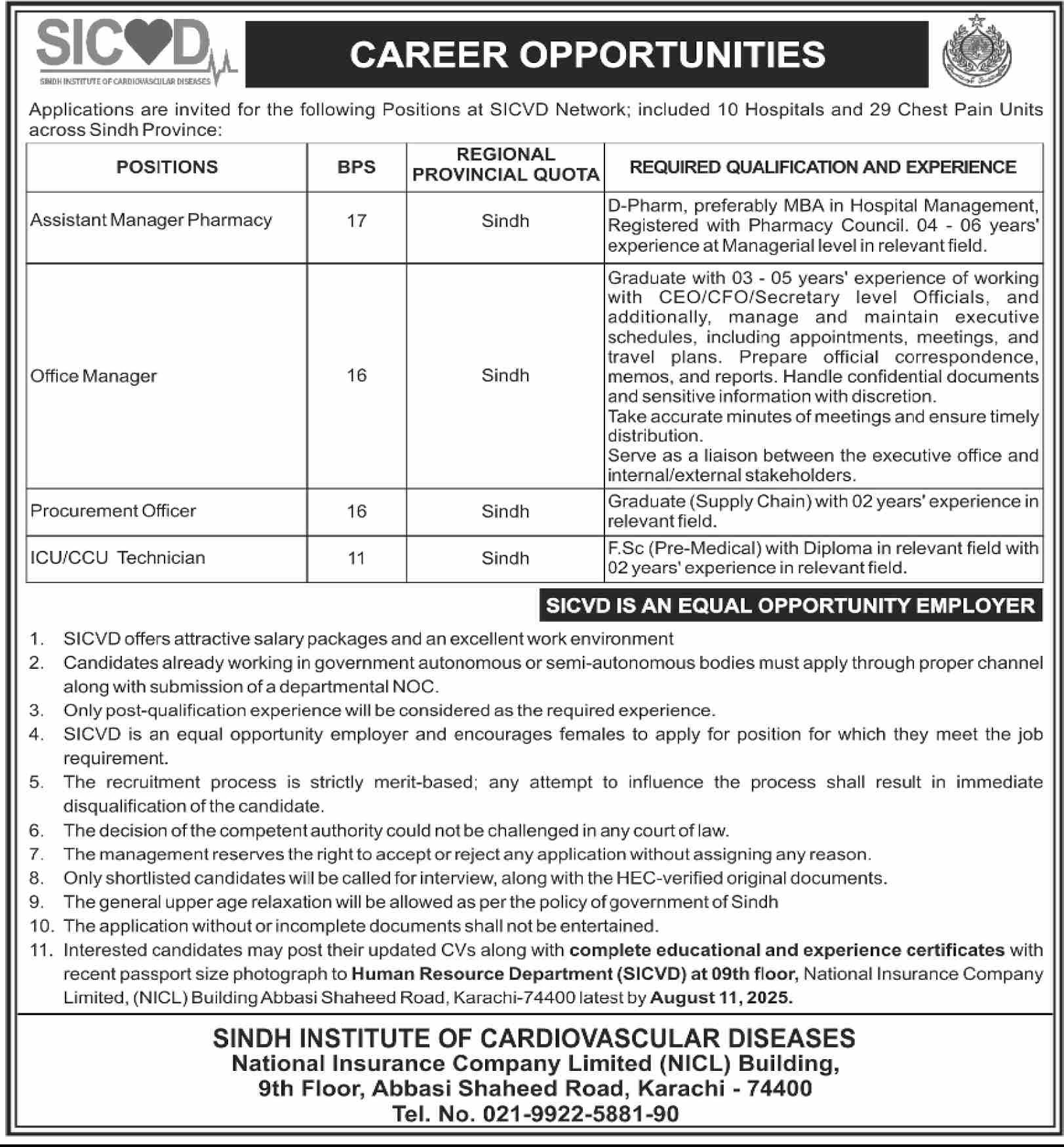 SICVD Karachi Jobs 2025 – Apply for Pharmacy Manager & Technician Posts