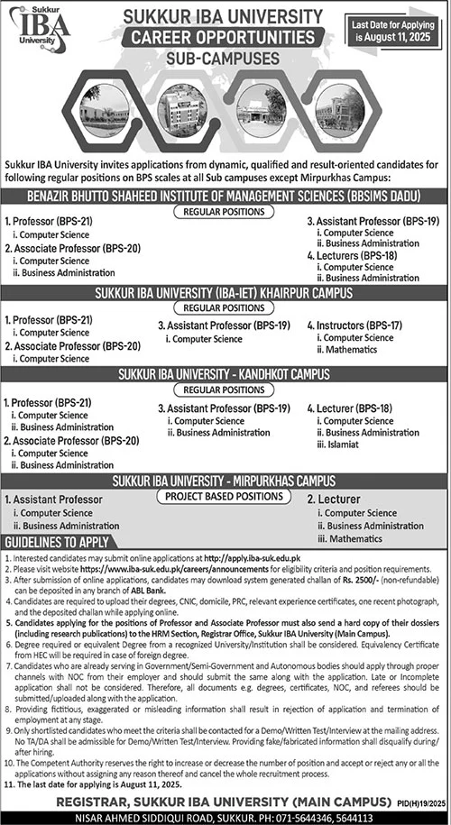 SUKKUR IBA UNIVERSITY CAREER OPPORTUNITIES SUB-CAMPUSES