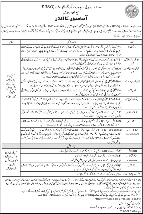 Sindh Rural Support Organization (SRSO) Job Vacancies Announcement