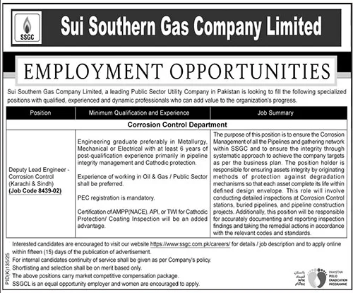 Sui Southern Gas Company Limited Career Opportunity in Corrosion Control Department