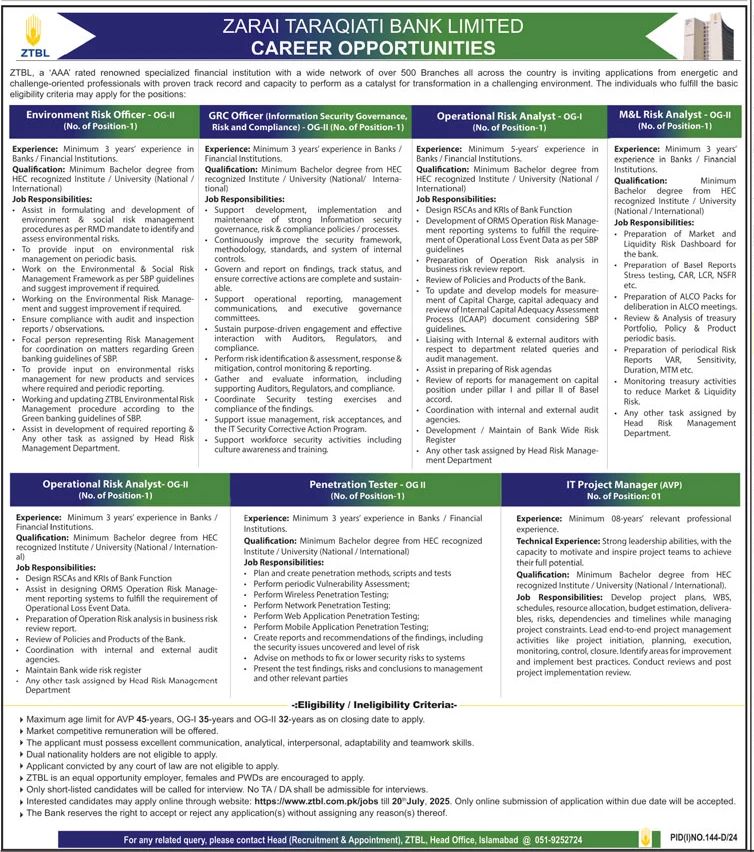 ZARAI TARAQIATI BANK LIMITED (ZTBL) - CAREER OPPORTUNITIES JULY 2025