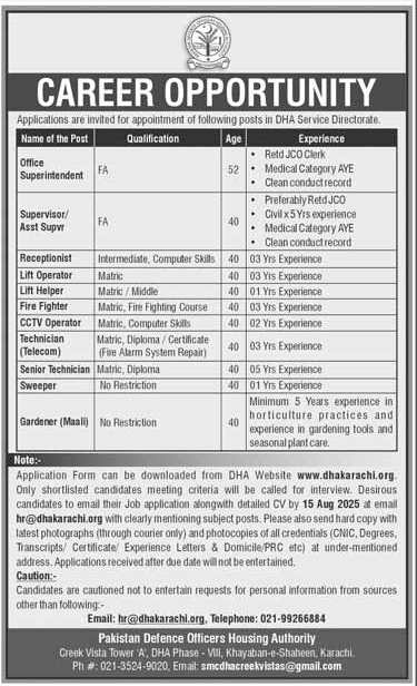 DHA Karachi Jobs 2025 – Multiple Vacancies in Service Directorate
